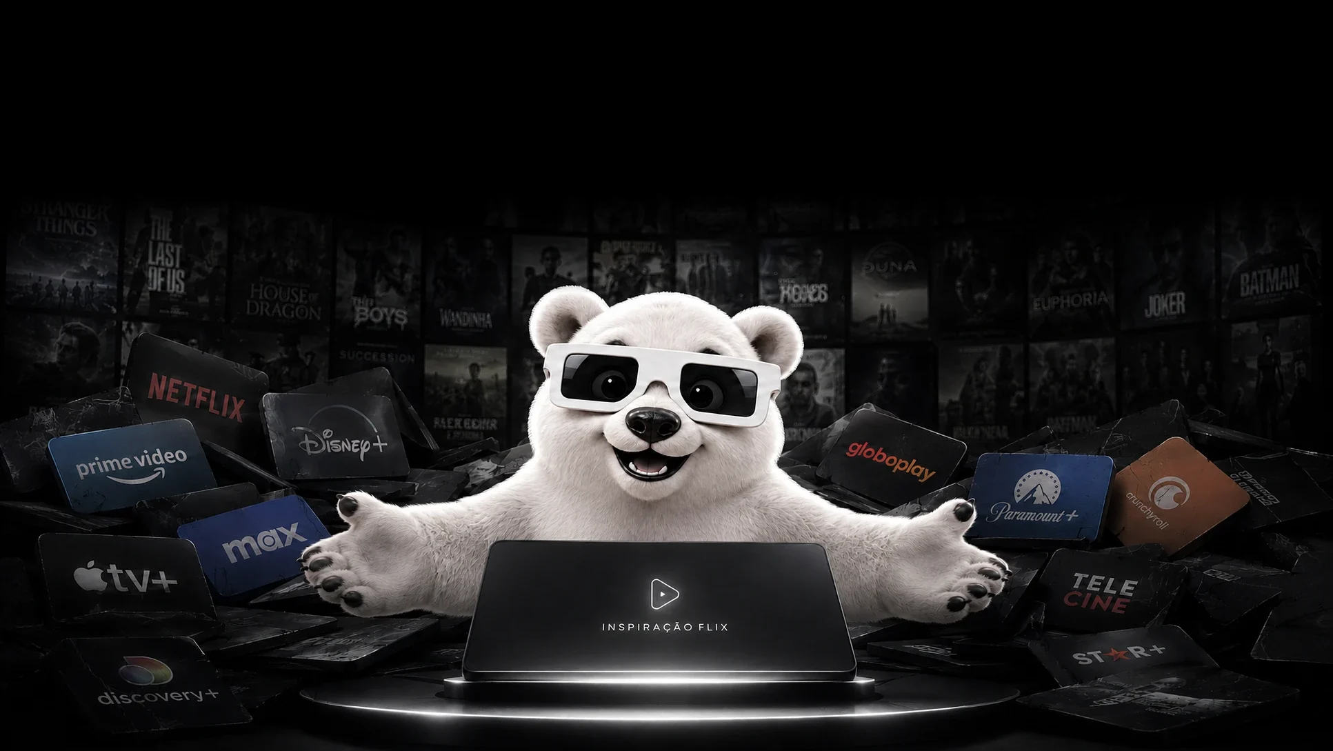 Mascote Inspiração Flix reinando sobre todas as plataformas de streaming